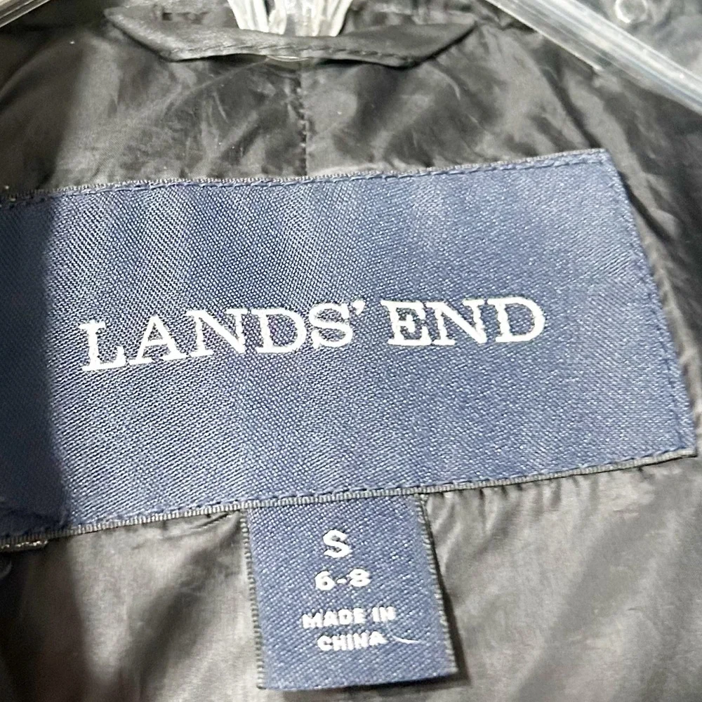 Lands’ End Longer Length Front Zip Down Puffer Coat Parka NO Hood Pockets Black